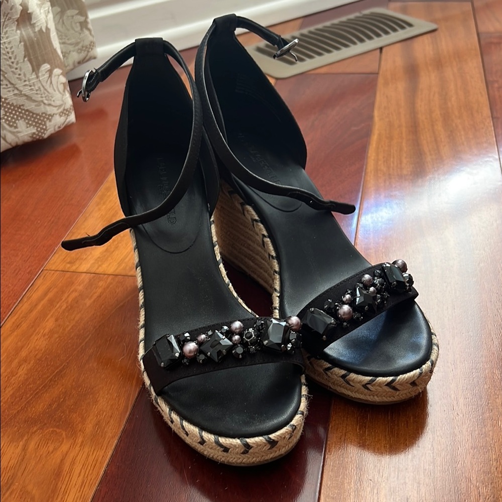 Karl Lagerfeld Black Espadrille Sandals with Studded Strap